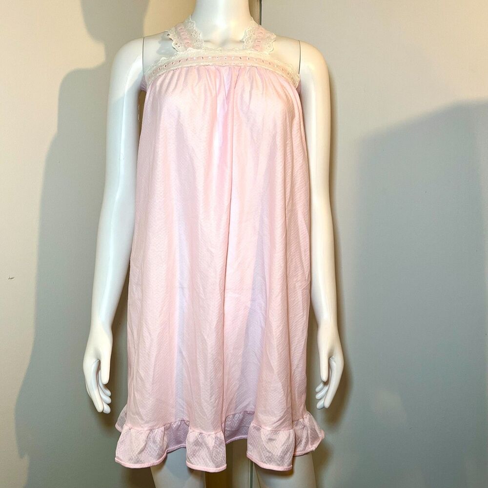 Vintage 70s Her Majesty Pink Eyelet Lace Kid Nightgown Coquette Prairie Cottage